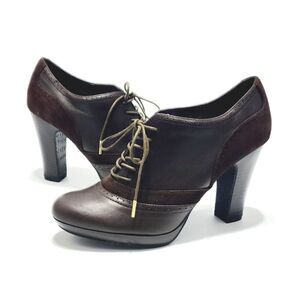 Isaac Mizrahi Live Train Brown Leather 9.5 Lace-Up Heeled Ankle Boots Booties